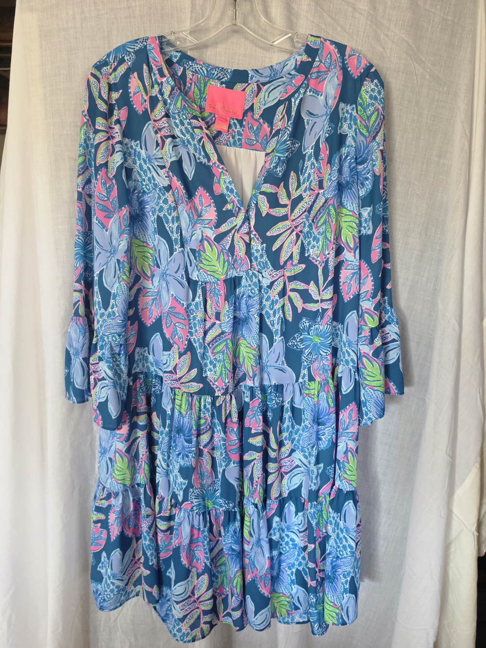 Lilly Pulitzer Navy Floral Tiered Mini Dress with Pink & Lime Accents
